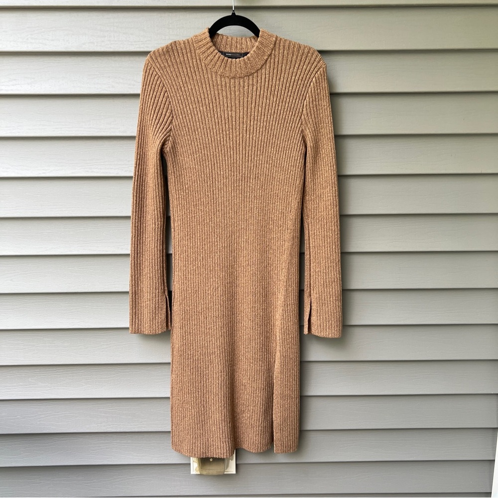 BCBGMaxAzria Sweater Dress M Light Brown Mock Neck Knit Midi Minimalist Chic